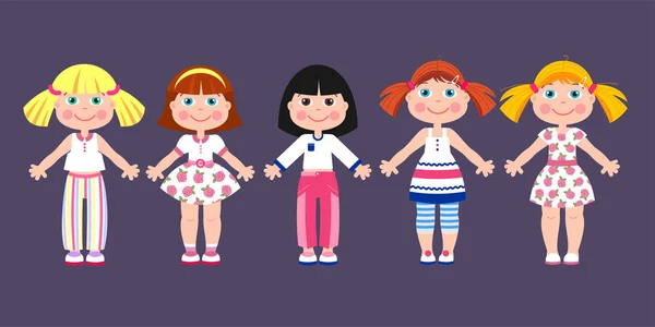 Papper docka-flicka i olika kläder. Vektorillustration. — Stock vektor
