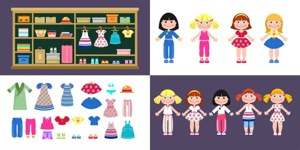 Set di bambole di carta ragazze in vestiti diversi. Un set di vestiti e scarpe. Armadio con vestiti e accessori. — Vettoriale Stock