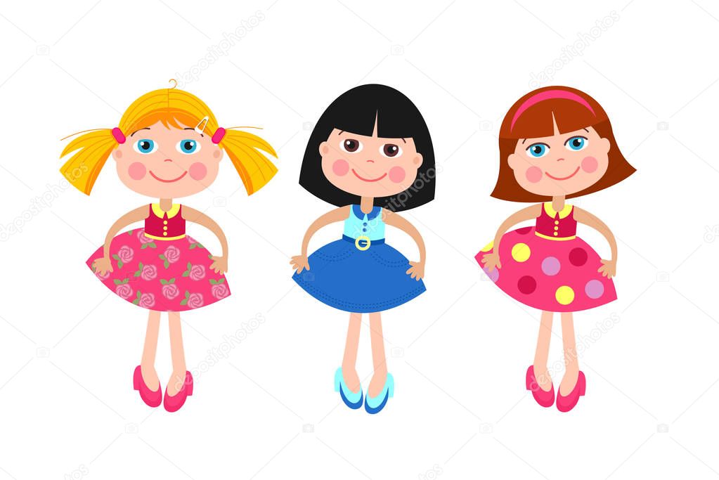 Girls dolls. Set of different vector dolls. Isolated on a white background.