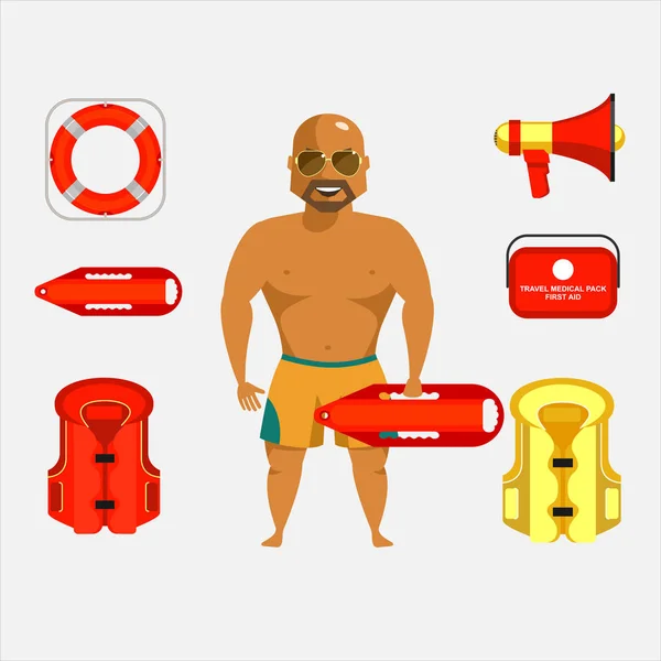 Salva-vidas na praia. Homem forte bronzeado em copos com uma bóia de resgate. Equipamento salva-vidas, conjunto vetorial . —  Vetores de Stock