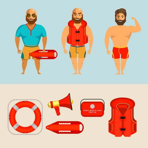 Mężczyzn ratowników na plaży. Ilustracja wektorowa zestaw elementów sprzętu ratunkowego. — Wektor stockowy