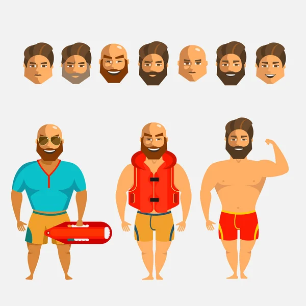 Rescatadores en la playa. Juego de creación de personajes del hombre. Iconos con diferentes tipos de caras, bigotes y barbas estilo, emociones, persona masculina . — Vector de stock