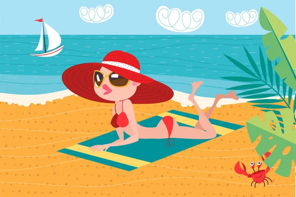 Menina de chapéu vermelho, banhos de sol na praia. Ilustração vetorial em estilo plano . —  Vetores de Stock