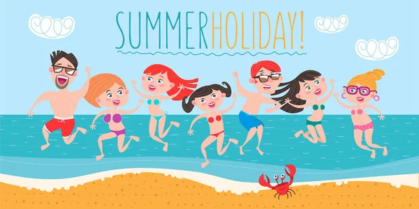 Young people, girls and guys having fun on the beach. People are on vacation, relax, have fun, sunbathe. Vector illustration. — Stock Vector