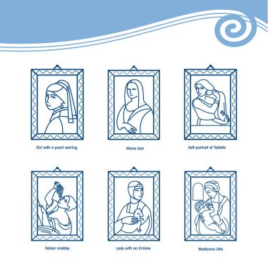 Ünlü sanatçıların resimlerinin vektör simgeler kümesi. Mona Lisa, dikey Serebryakova, Bayan bir Ermin ile İtalyan öğleden sonra Madonna Litta, İnci Küpeli Kız