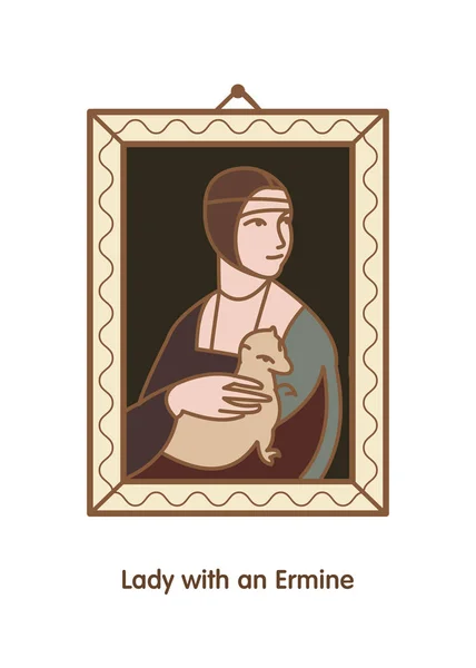 Lady with an ermine. Vector linear illustration. Illustration painting artist Leonardo da Vinci. — Stock Vector