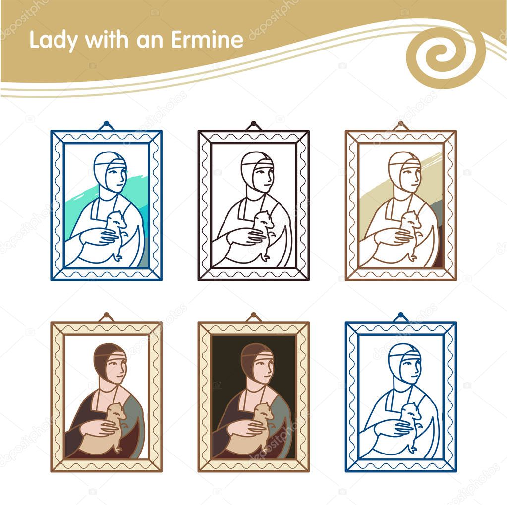 Lady with an ermine. Set of vector icons. Illustration painting artist Leonardo da Vinci.