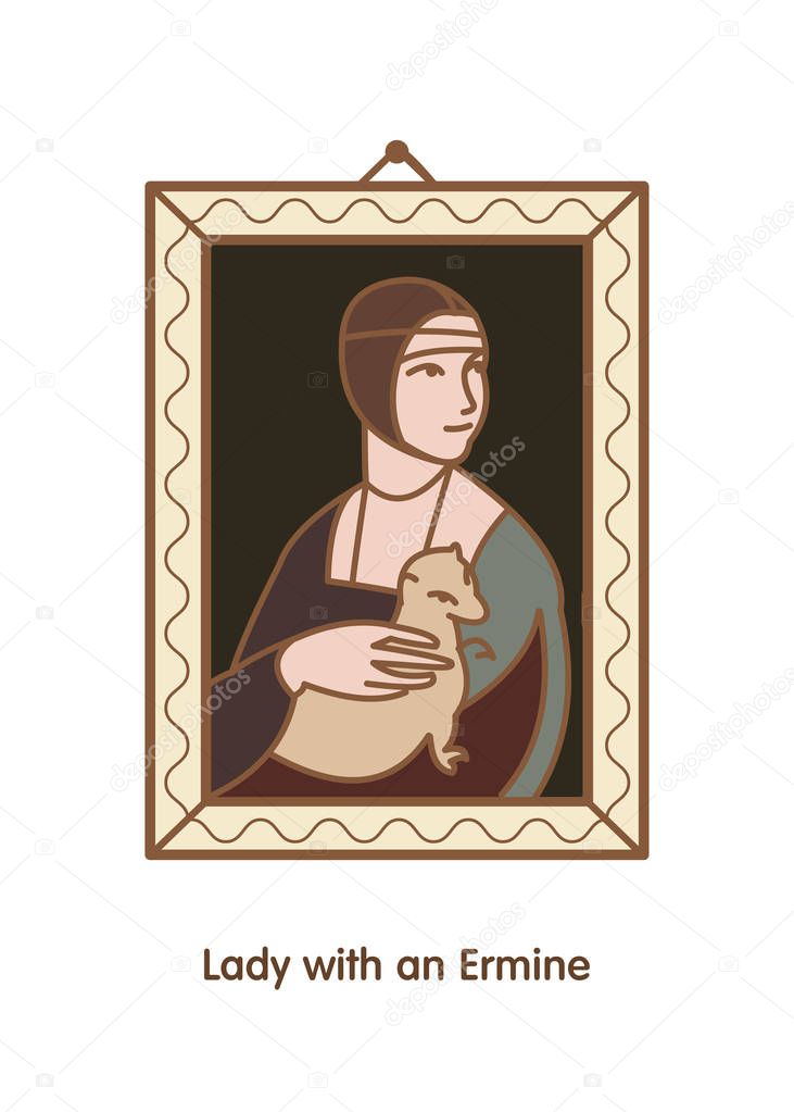 Lady with an ermine. Vector linear illustration. Illustration painting artist Leonardo da Vinci. 