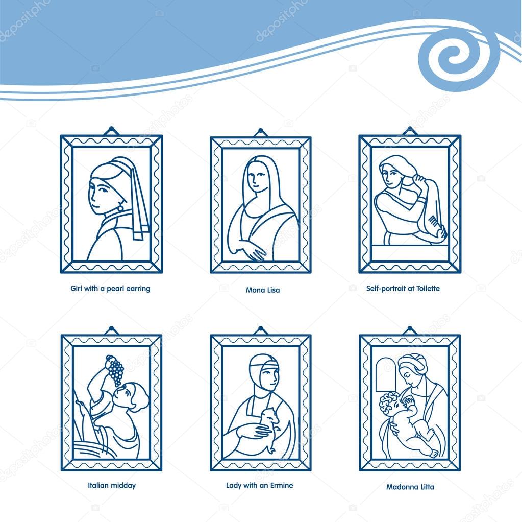 Set of vector icons of paintings by famous artists. Mona Lisa, the portrait Serebryakova, lady with an ermine, Italian afternoon, the Madonna Litta, the girl with a pearl earring