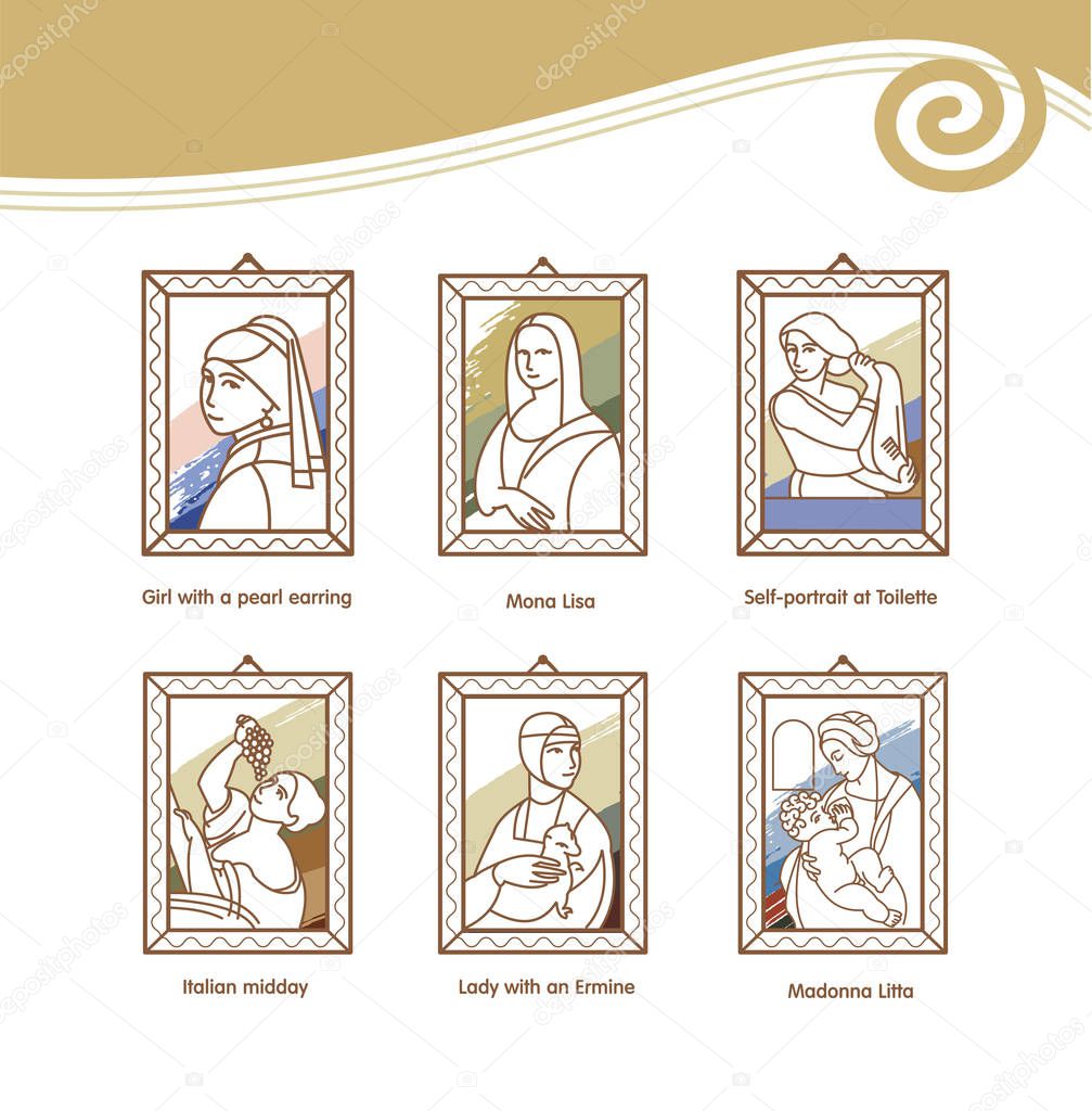 Set of vector illustrations of paintings by famous artists. Mona Lisa, the portrait Serebryakova, lady with an ermine, Italian afternoon, the Madonna Litta, the girl with a pearl earring