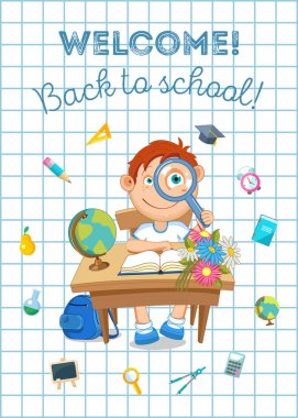 Geri okul resimde için. Öğrenci ve okul malzemeleri. Vektör düz.