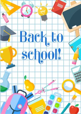 Okula dönüş. Not Defteri sayfası üzerinde yazıt. Okul kümesi sağlar. Vektör çizim.