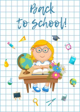 Vektör çizim. Okula dönüş. Öğrenci ve okul malzemeleri.