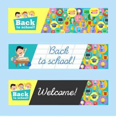 Okula hoş geldin! Okul malzemeleri seti. Yuvarlak simgeler. Neşeli okul çocukları..