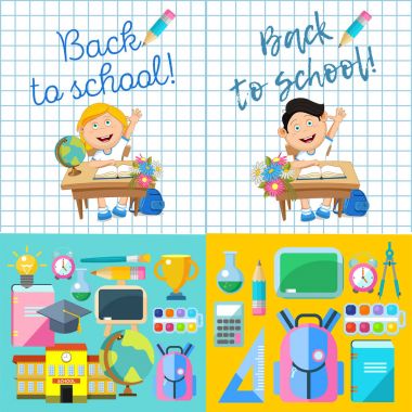 Okula hoş geldiniz! Okul kümesi sağlar. Öğrenciler masalarında.