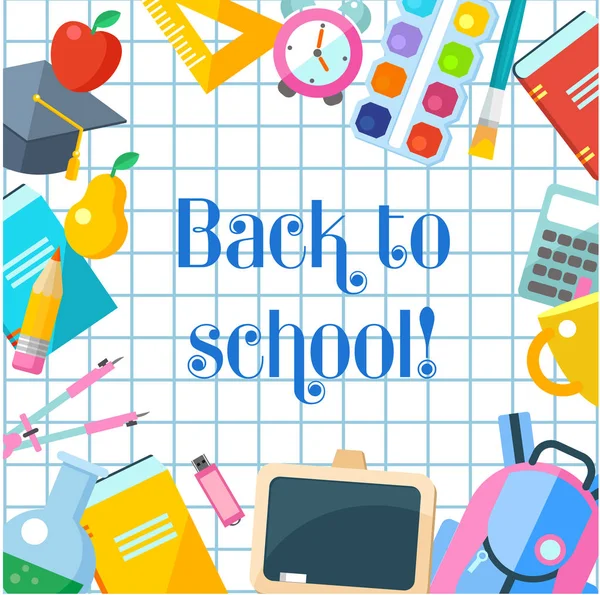 Vektör çizim. Okula dönüş. Not Defteri sayfası üzerinde yazıt. Okul malzemeleri bir dizi. 