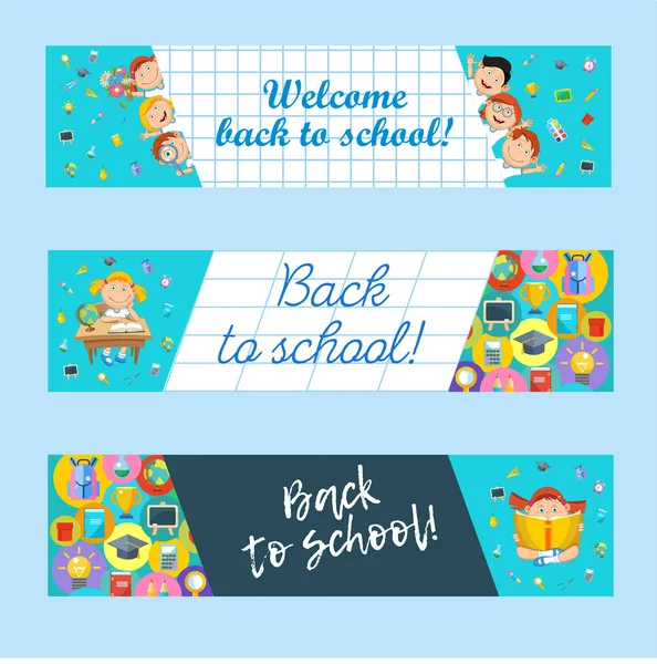 Okula hoş geldiniz! Okul malzemeleri ile afiş kümesi. Neşeli okul.