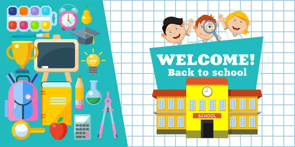 Welcome back to school! Cheerful schoolchildren and a set of school supplies. Vector illustration. — Stock Vector