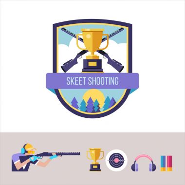 Skeet Atıcılık. Vektör amblemi. Tasarım öğeleri kümesi. 