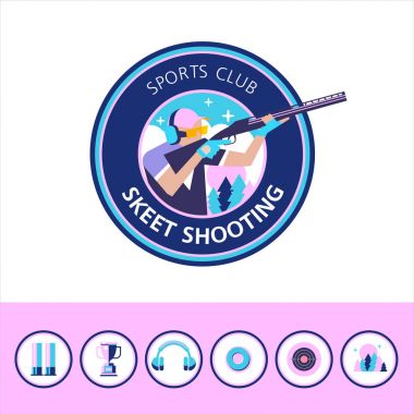 Vektör logosu spor kulübü. Skeet Atıcılık. Tasarım öğeleri kümesi. Yuvarlak simgeler.