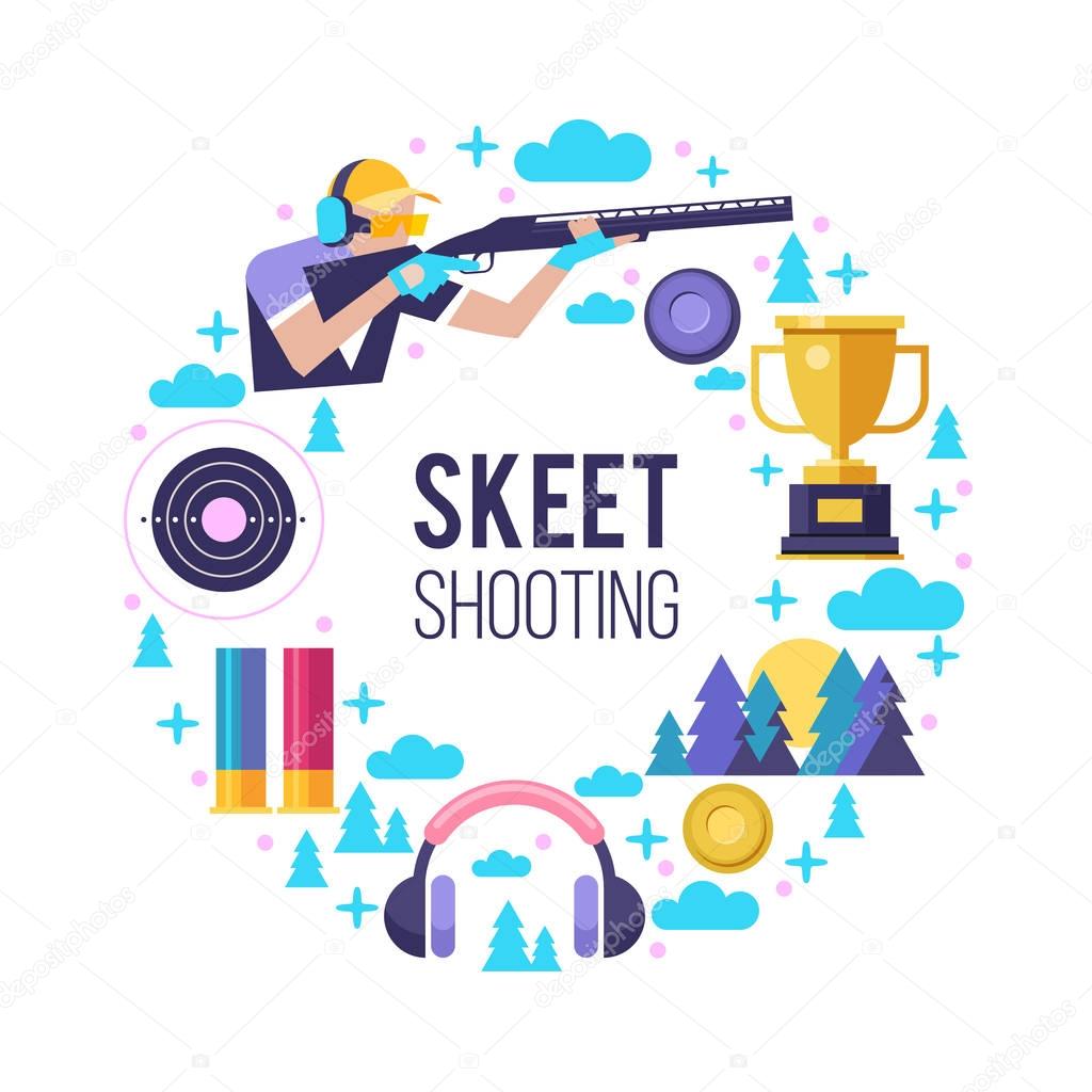 Shooting Skeet. Set of vector elements located in a circle. The elements of design. With place for text.
