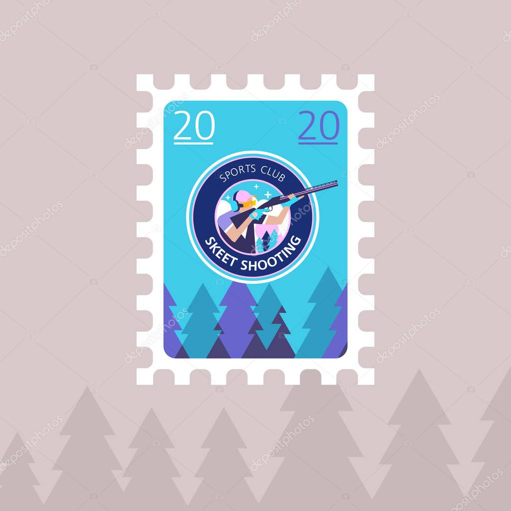 Shooting Skeet. Vector illustration of a postage stamp.