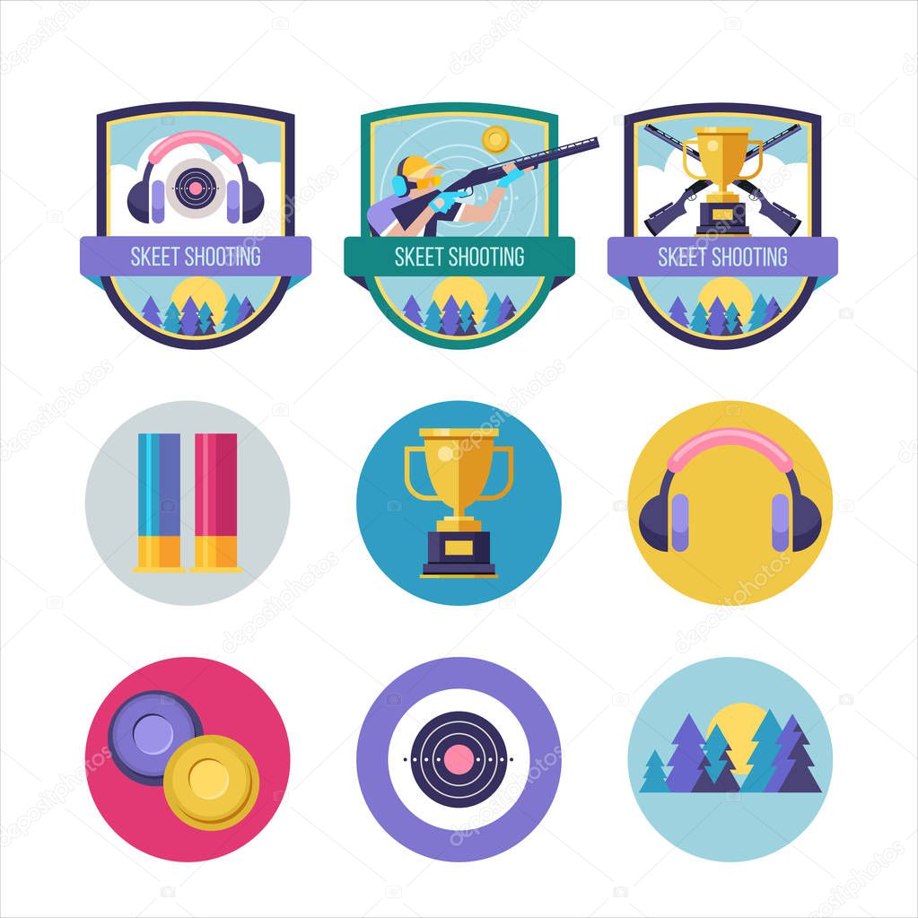 Shooting Skeet. Vector set of logos. Set of design elements. Round icons.