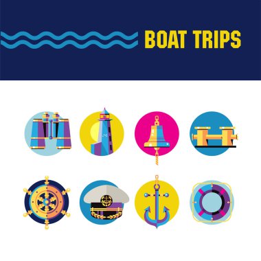 Parlak vektör yuvarlak simgeler. Tekne gezileri. Dürbün, deniz feneri, gemi çan, gemi tekerlek, Kaptan'ın kapağı, çapa, hayat şamandıra.