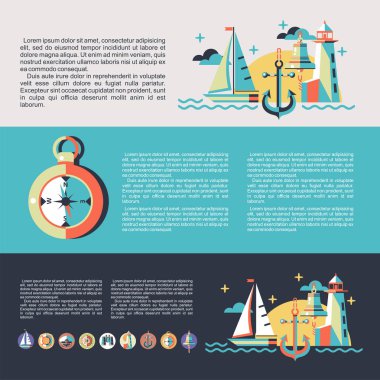 Bir yatta seyahat düz bir stil çizimde. Afiş kümesi.