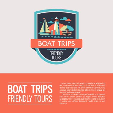 Logo vektör, Herb. Bir yatta denizde yürüyüş. Tekne gezileri. Yat, deniz feneri, kap Kaptan.