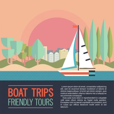 Kentsel peyzaj ve ağaçlar arka plan üzerinde yelkenli yat. Düz stil vektör çizim.