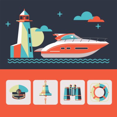 Deniz seyahat lüks yatta. Vektör çizim. Icons set