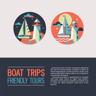 Deniz bir yatta yürür. Vektör simgeler. Deniz dinlenme. Yelkenli tekne ve deniz feneri.