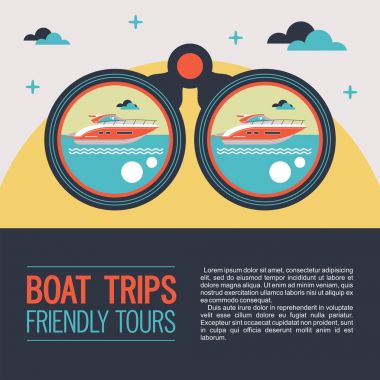 Deniz yatta yürür. Deniz dinlenme. Dürbün ve bir yat ile vektör çizim.