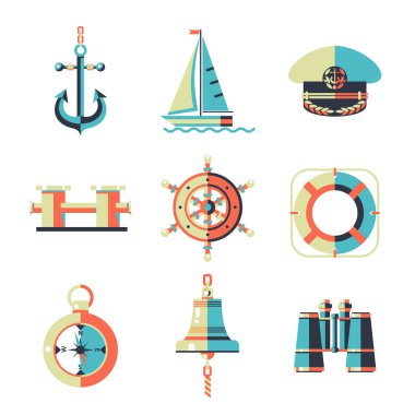 Deniz yatta yürür. Deniz dinlenme. Yat, Pusula, dürbün, deniz feneri, geminin bell, gemi tekerlek, Pusula, kapağı, Kaptan, hayat şamandıra. Vektör Icon set