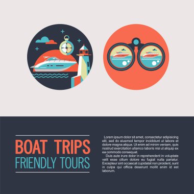 Deniz yatta yürür. Vektör simgeler. Deniz dinlenme. Yat, Pusula, dürbün, deniz feneri.