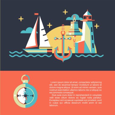 Deniz gemi yelken düz bir tarzda üzerinde siyah bir arka plan ile. Vektör çizim.