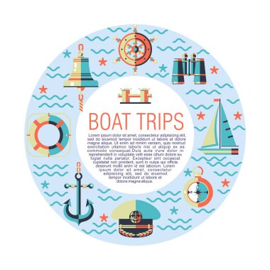 Maritime kavramı. Vektör simgeler bir daire içinde. Bir yelkenli tekne sürme. Çapa, Pusula, dürbün, geminin tekerlek, gemi çan, Kaptan'ın cap, lifebuoy.