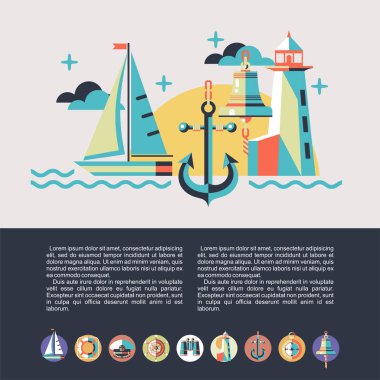 Seyahat bir yatta kavramı. Deniz dinlenme. Düz stil çizimde. Tekne gezileri. Yuvarlak simgeler kümesi.