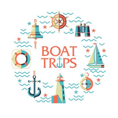 Vektör simgeler bir daire içinde. Deniz tema kavramı. Bir yelkenli tekne sürme. Deniz feneri, çapa, Pusula, dürbün, gemi tekerlek, geminin çan.