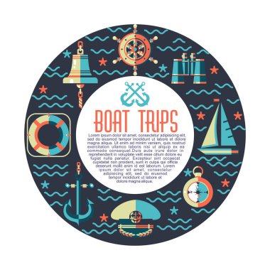 Vektör simgeler bir daire içinde. Maritime kavramı. Bir yelkenli tekne sürme. Çapa, Pusula, dürbün, geminin tekerlek, gemi çan, Kaptan'ın cap, lifebuoy.