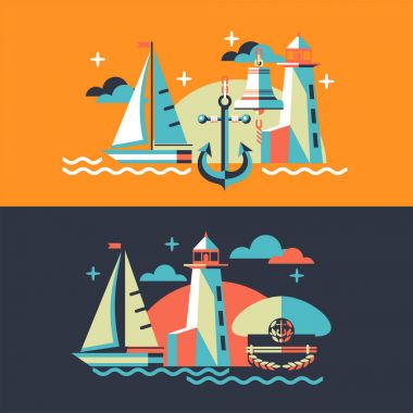 Deniz kavramı vektör Illustration. Yelkenli, deniz feneri, çapa, gemi çan, Kaptan s şapka.