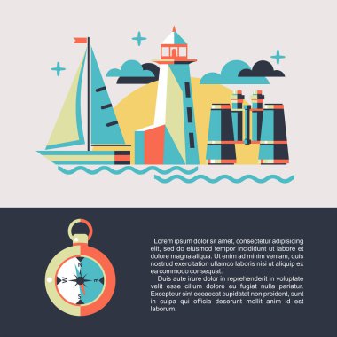 Vektör çizim deniz konulu. Yelkenli, dürbün, deniz feneri, pusula.