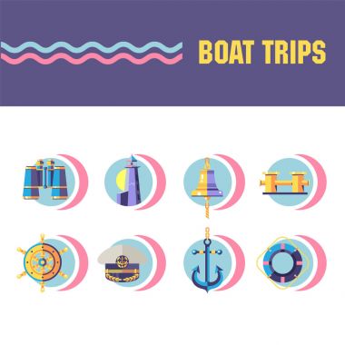 Vektör yuvarlak simgeler. Tekne gezileri. Dürbün, deniz feneri, gemi çan, gemi tekerlek, Kaptan'ın kapağı, çapa, hayat şamandıra.