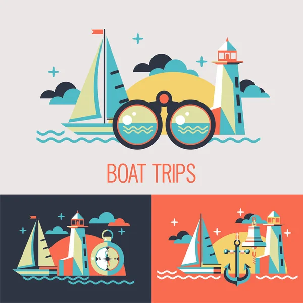 ボートツアーを楽しめます。ベクトルの図。ヨットや灯台、双眼鏡、フラット スタイルでコンパスと海の風景. — ストックベクタ