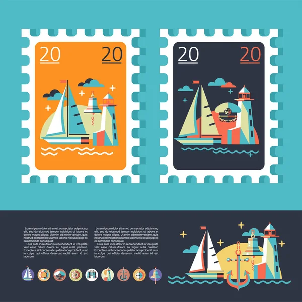 Σχεδιασμός ενός γραμματοσήμου. Ταξίδι στη θάλασσα σε ένα γιοτ. Το σύνολο εικονιδίων. — Διανυσματικό Αρχείο