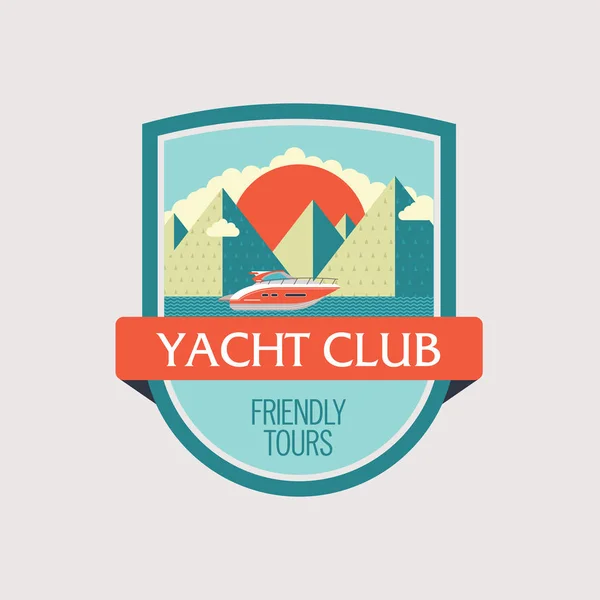 ヨット クラブのエンブレム、ロゴ海の旅。山岳風景の背景にヨットします。ベクトル図. — ストックベクタ