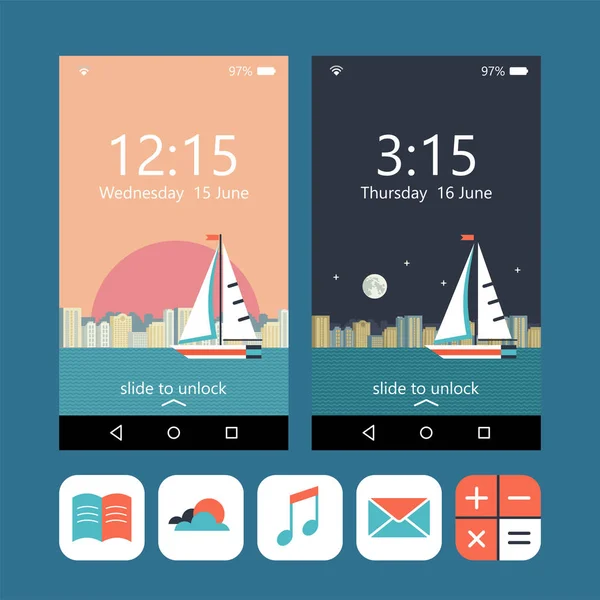 밤과 낮 도시 풍경의 배경에 요트 항해. 귀하의 휴대 전화에 대 한 배경 화면입니다. 벡터 icons.pe. — 스톡 벡터