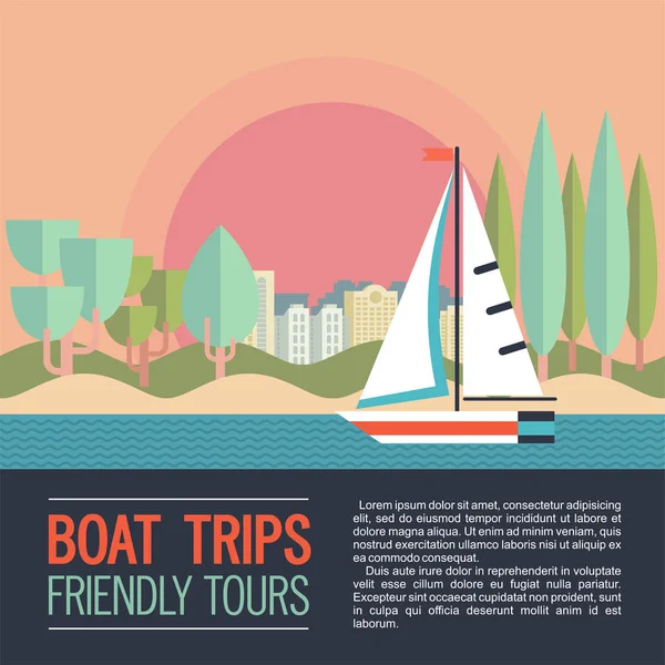 Kentsel peyzaj ve ağaçlar arka plan üzerinde yelkenli yat. Düz stil vektör çizim.