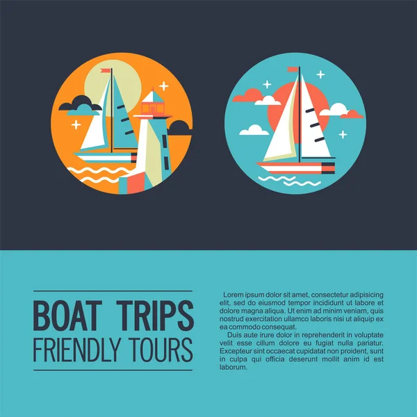 Deniz Yat parusni üzerinde yürür. Deniz dinlenme. Vektör simgeler.